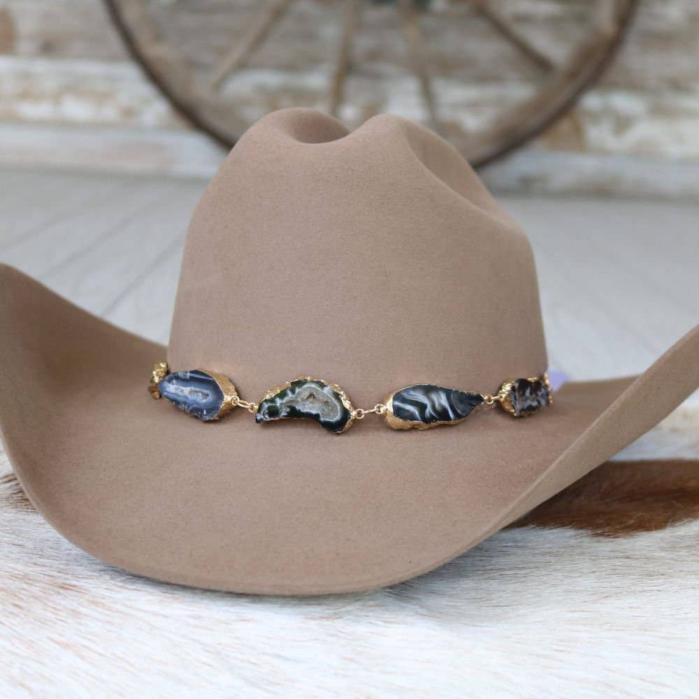 Geode Slice Black Hat Band – Reece: Black Agate Geode Stone Hat Band – Reece