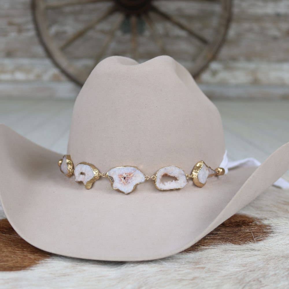 Geode Slice White Hat Band – Savannah: White Agate Geode Stone Hat Band – Savannah