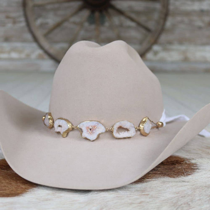 Geode Slice White Hat Band – Savannah: White Agate Geode Stone Hat Band – Savannah