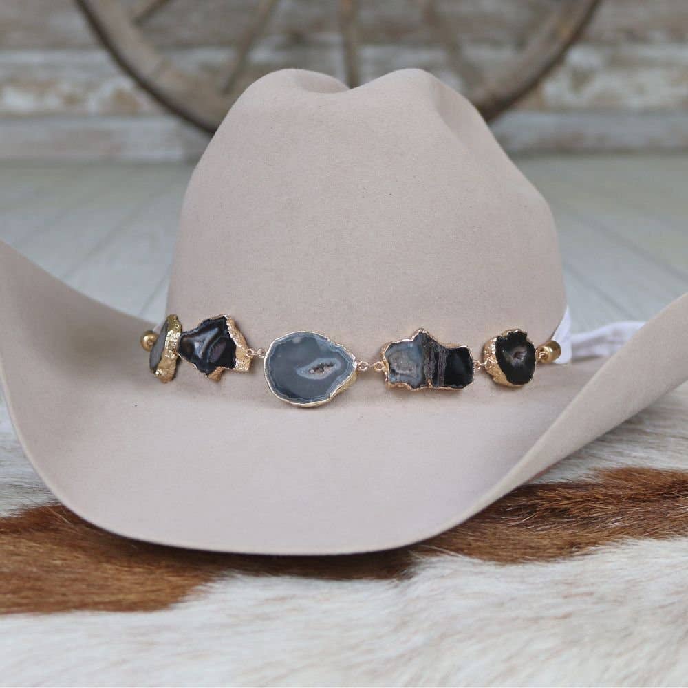 Geode Slice Black Hat Band – Reece: Black Agate Geode Stone Hat Band – Reece