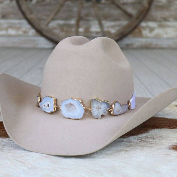 Geode Slice White Hat Band – Savannah: White Agate Geode Stone Hat Band – Savannah