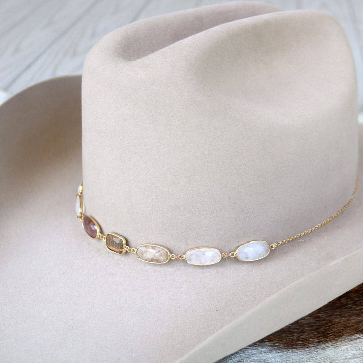 White & Neutral Stone Chain Hat Band – June: White & Neutral Stone Chain Hat Band – June